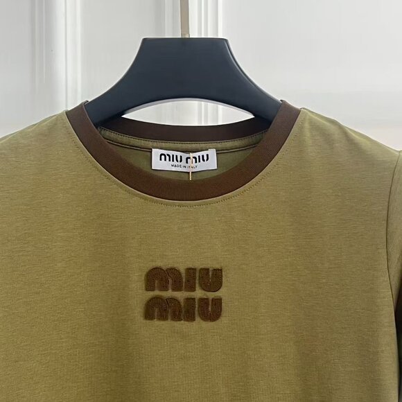 Miu Miu Olive Green Color-Blocked Flocked Logo Short-Sleeve T-Shirt, Size S - Picture 4 of 9